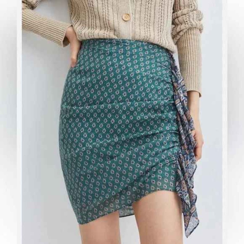 Veronica Beard Teal Printed Mini Skirt with Side Ruffle